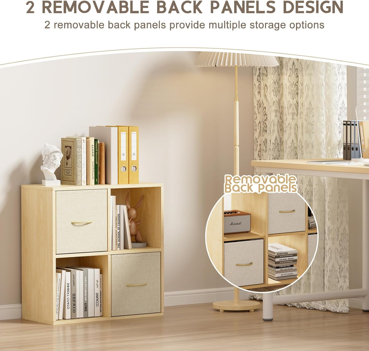 4 Cube Storage Organizer - Solid Wood Bookshelf with 2 Storage Bins, Cube Shelf with 2 Removable Back Panels, Vertical or Horizontal Bookcase, Open Book Shelf for Bedroom, Living Room, Office