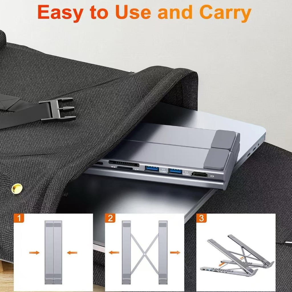 Aluminum Alloy 7 Port Foldable Notebook Stand with Docking Function Height Adjustment No External Power for Stability