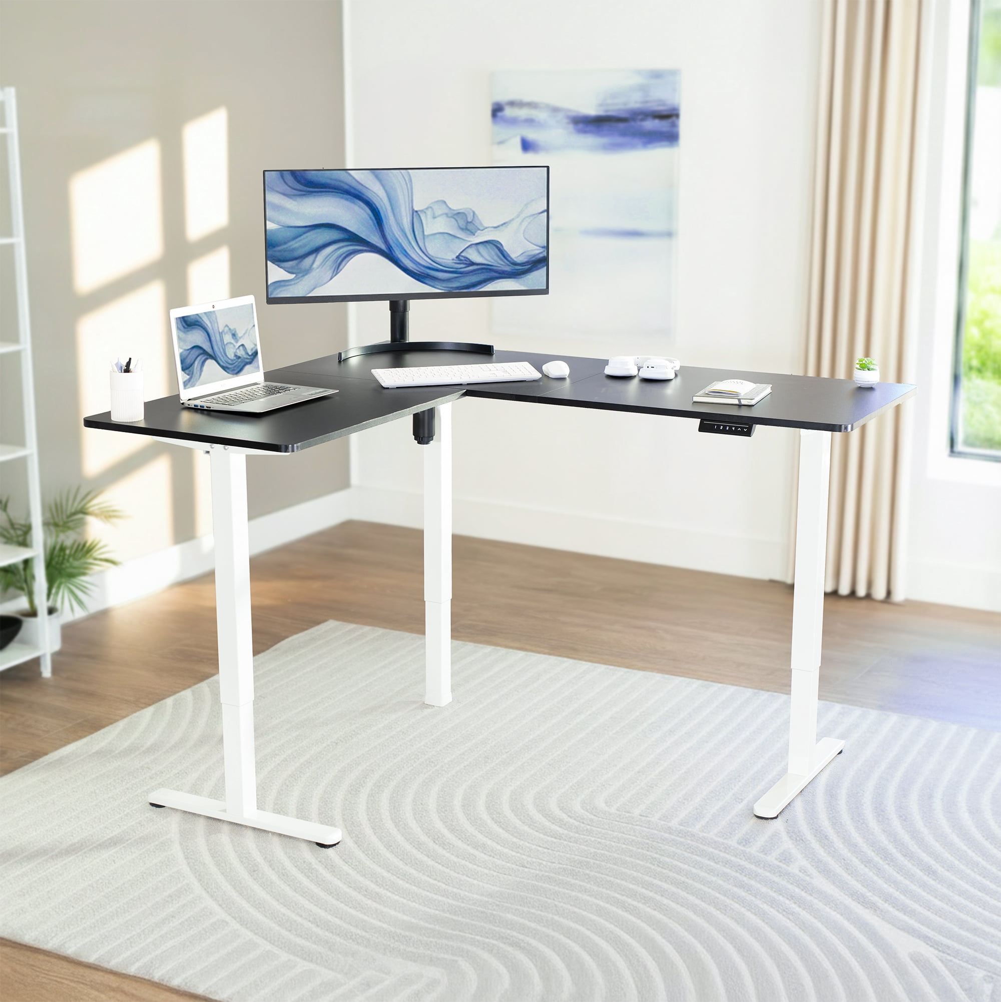 VIVO Electric 63" x 55" Corner Stand Up Desk, Black Table Top, White Frame