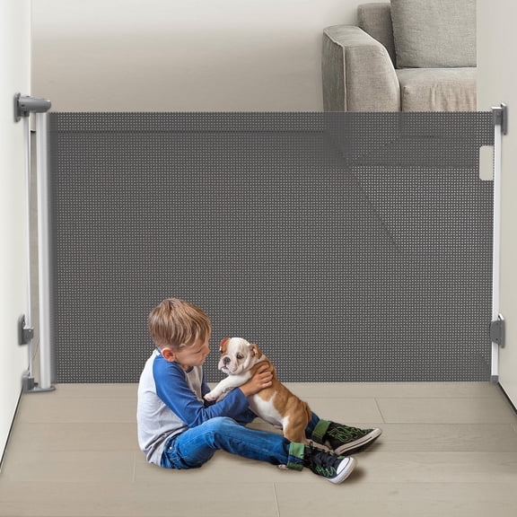 Fxcoia Retractable Gate,Safety Baby Gates Mesh Dog Gates for Doorways & Stairs 55" Wide 38" Tall Gray