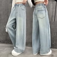 thumbnail image 5 of Girl's Baggy Jeans Casual Elastic Waist Girls Jeans Size 8 Bootcut Stars Patch Wide Leg Denim Pants for Girls with Pockets Size 8-9 Years 2_Light Blue, 5 of 6