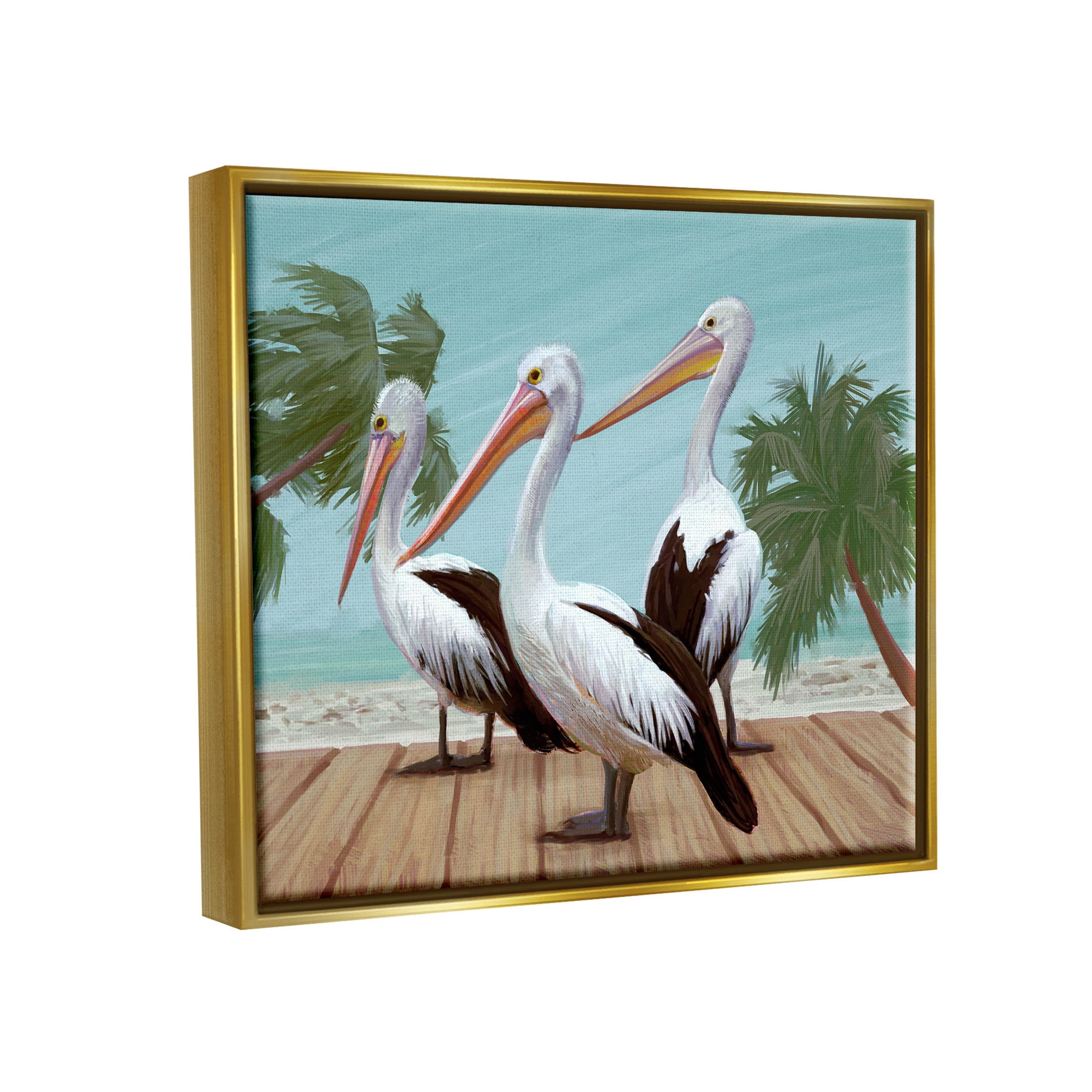 Stupell Industries Tropical Pelicans Beach Boardwalk Painting Metallic Gold Floating Framed Canvas Print Wall Art, Design by Ziwei Li