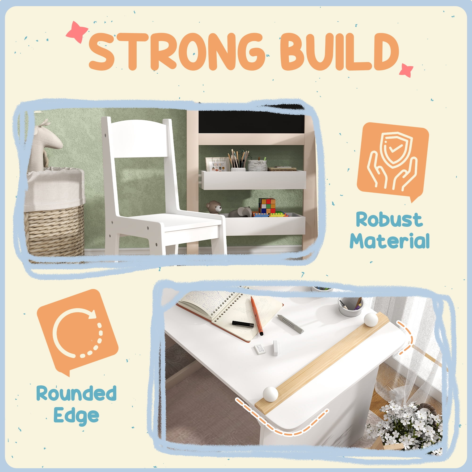 Homiyad 3 in 1 Kids Table and Chair Set with Storage, Whiteboard, Blackboard & Roll Paper for 3-8 Years, White