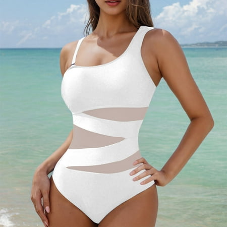 Aobny Sheer Beach Women s Swimsuits White Asymmetrical Panties High Cut Crew Neck Monokini Womans Panties