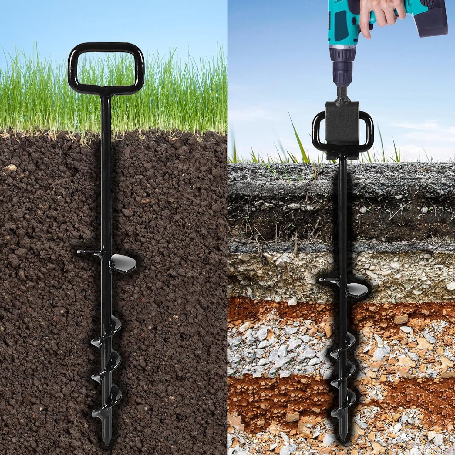 16 Inch Heavy Duty Tent Stakes with 12PCS Screw Ground Anchors and Adapter Kit for Camping, Trampoline, Swing, Mobile Home - Black Alloy Steel