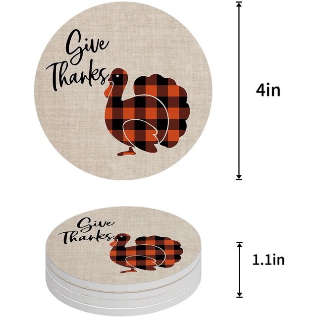 XDDJA Automne Rétro Noir et Orange à Carreaux Dinde Set de 6 Coaster Rond pour les Boissons, Absorbant en Céramique Coasters en Pierre Tapis de Tasse avec Base en Liège pour la Maison Cuisine Salle Café Table Bar Décor