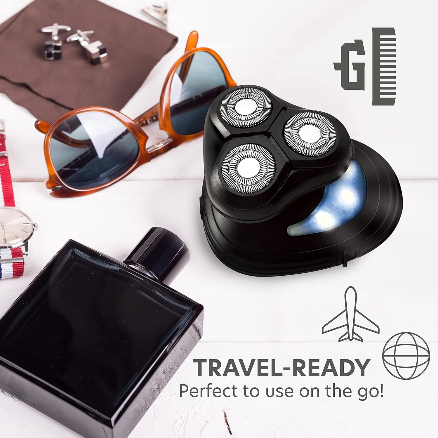 Chargeworx Groom Essentials Cordless 3D Rotary Men’s Face & Head Electric Shaver with LED Light, Black GEMS106