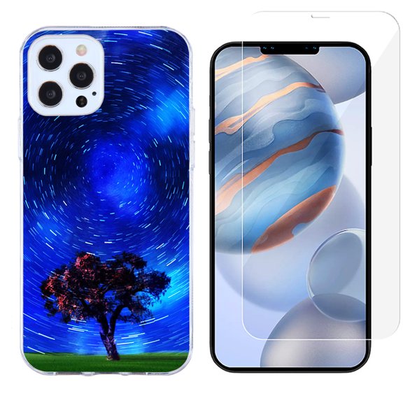 Slim-Fit Protective Phone Case compatible with iPhone 12 Pro Max, with Tempered Glass Screen Protector, by OneToughShield ® - Star Trails Tree