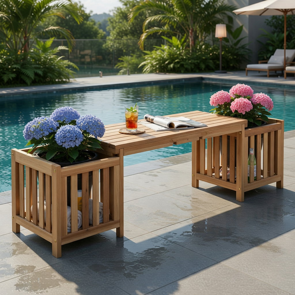 Hommoo Fir Wood Outdoor Patio Bench with Built-in Planter Boxes, 2-Person Seating & Dual Flower Beds for Garden, Backyard, Deck, Natural