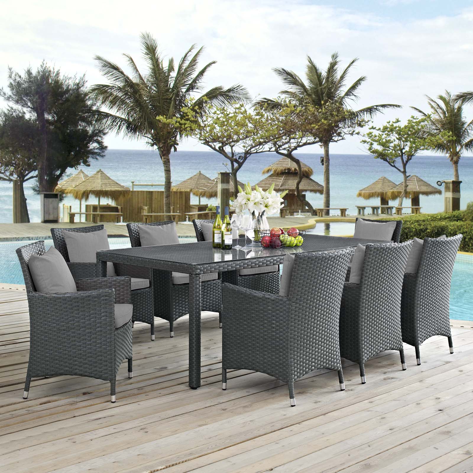 Modern Contemporary Urban Outdoor Patio Balcony Garden Furniture Side Dining Chair and Table Set, Sunbrella Rattan Wicker, Grey Gray - image 2 of 6
