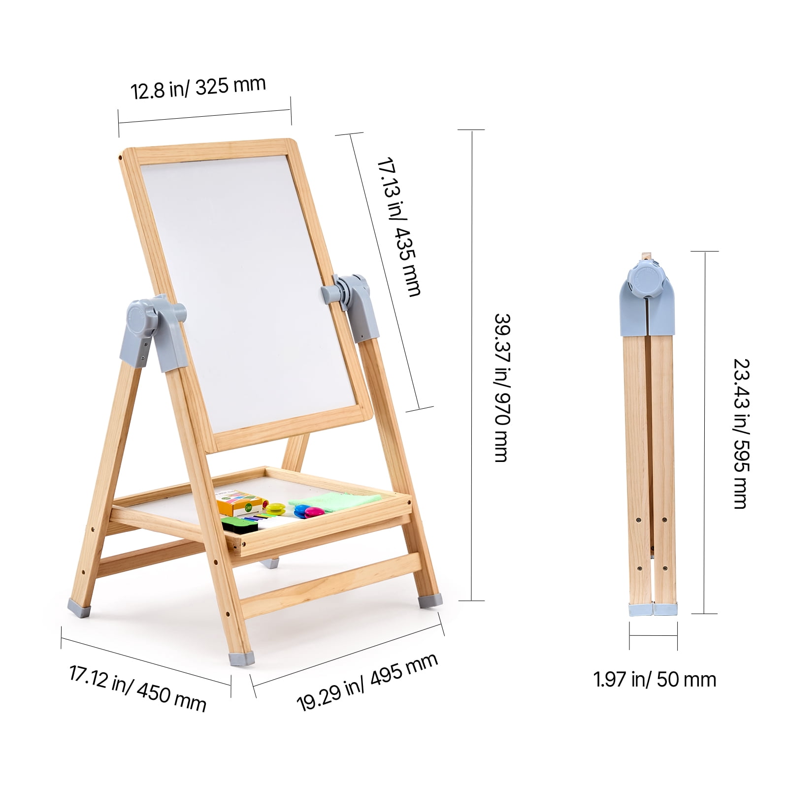 VEVOR Art Easel for Kids, 2-in-1 Wooden Double-Sided Kides Art Easel with Magnetic Whiteboard & Chalkboard, Adjustable Standing Rotatable Foldable Drawing Board with Painting Accessories for Boy Girl
