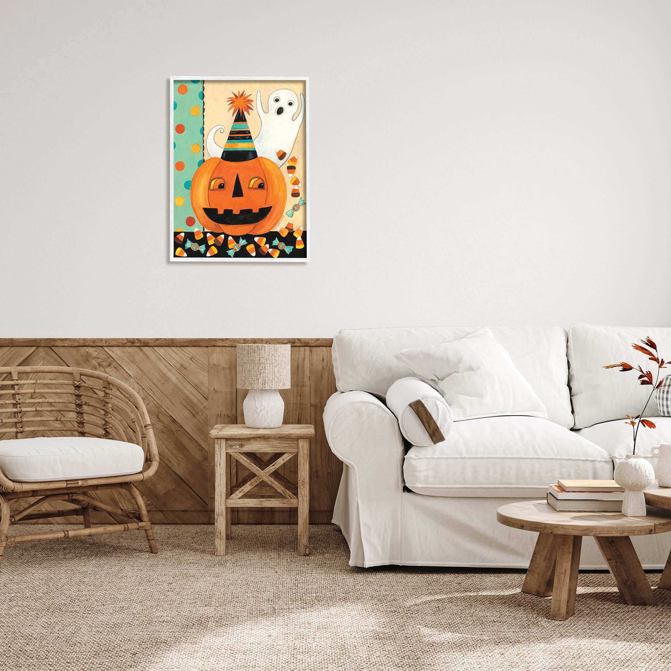 Vintage Halloween Candy Pattern Holiday Graphic Art White Framed Art Print Wall Art