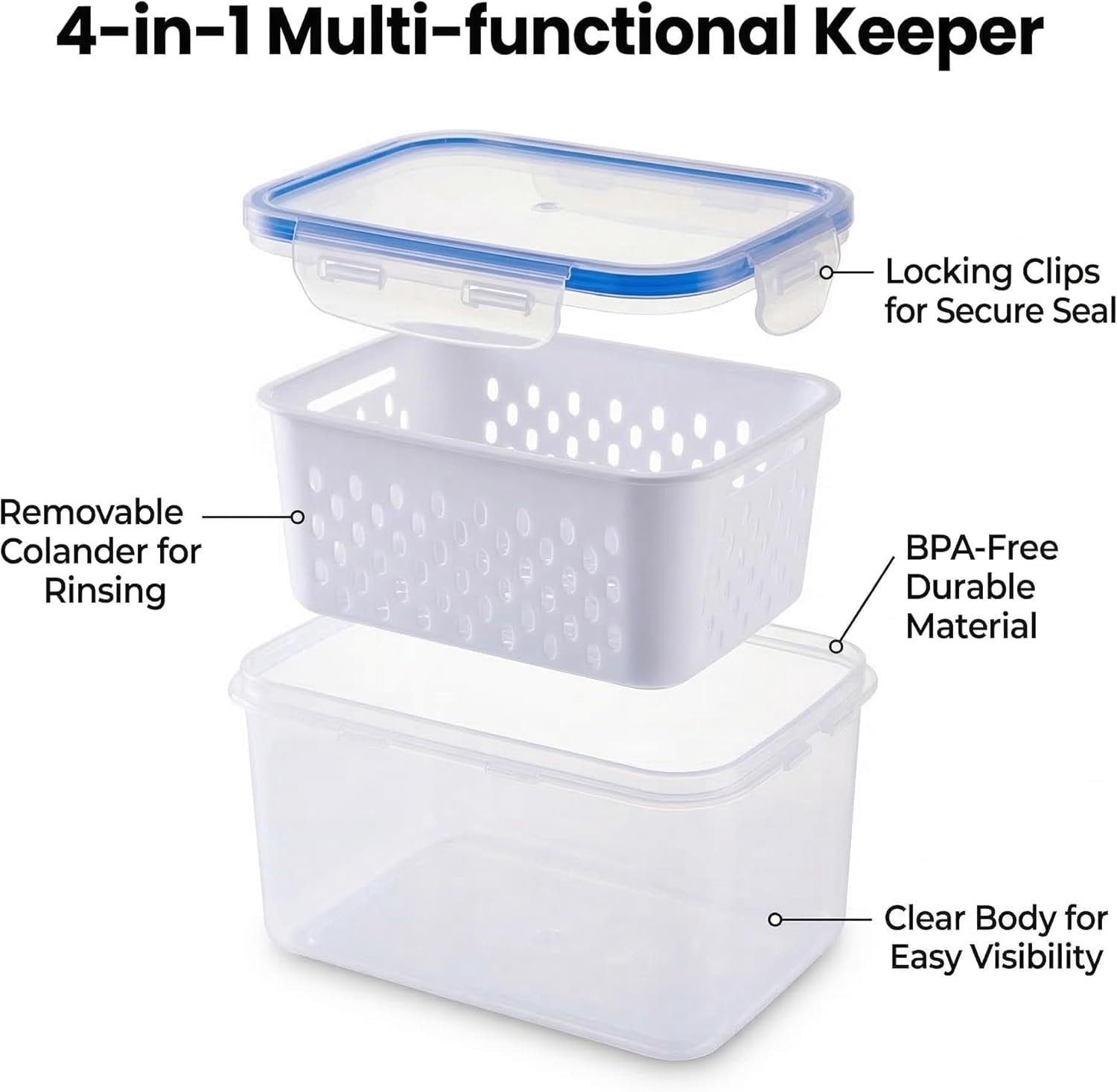 4 in 1 Food Storage Container for Fridge, Produce Keeper with Lid and Removable Strainer, Multipurpose Large Fruit & Vegetable Storage with Drain Basket (Blue)