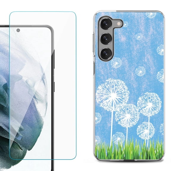 Shockproof Fashion Phone Case for Samsung Galaxy S23  / S23 Plus 5G, with Tempered Glass Screen Protector, by OneToughShield ® - Dandelion Sky