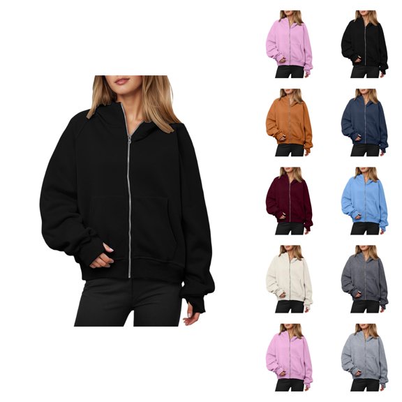 Full Zipper Hoodies for Women Long Sleeve Plain Zip Up Hooded Sweatshirt with Pockets Jacket Coat Fall Winter Outfits