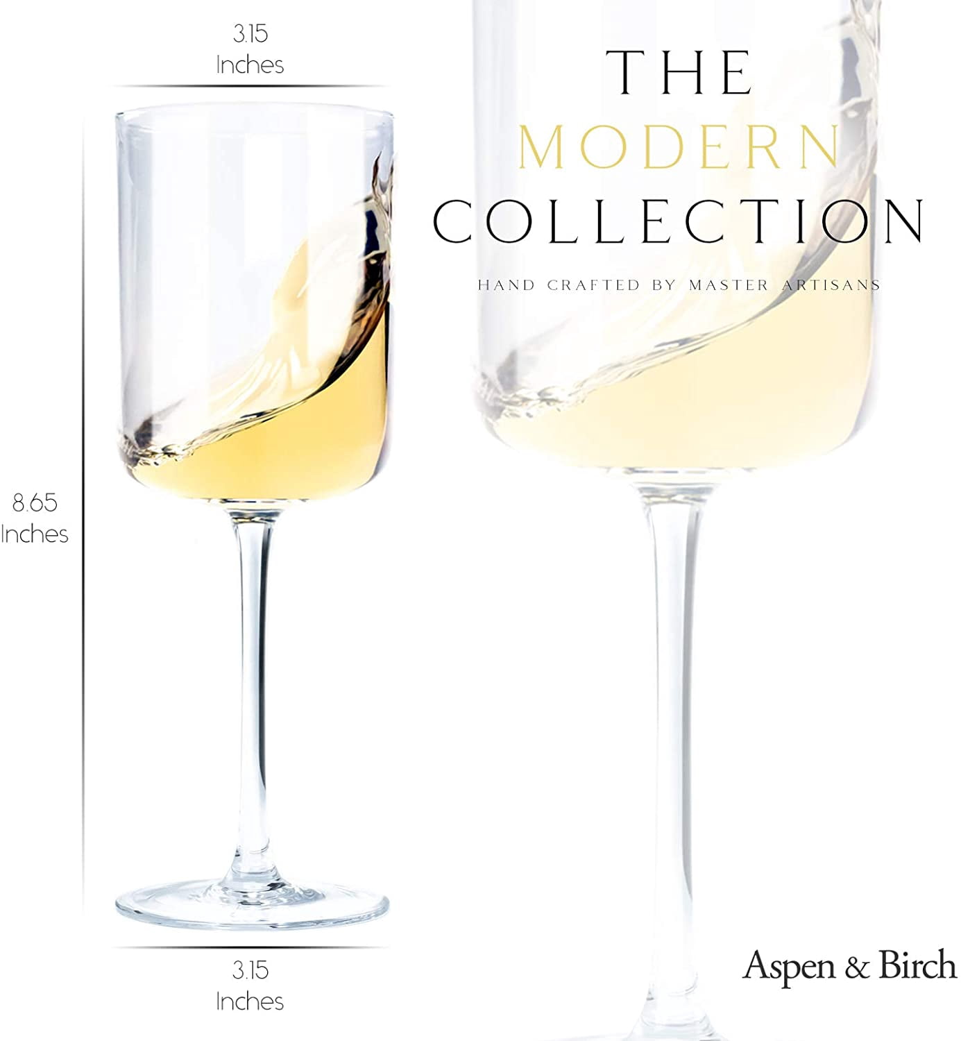 Aspen & Birch - Modern Wine Glasses Set of 4 - Red Wine Glasses or White Wine Glasses, Premium Crystal Stemware, Long Stem Wine Glasses Set, Clear, 15 oz, Hand Blown Glass Crafted by Artisans