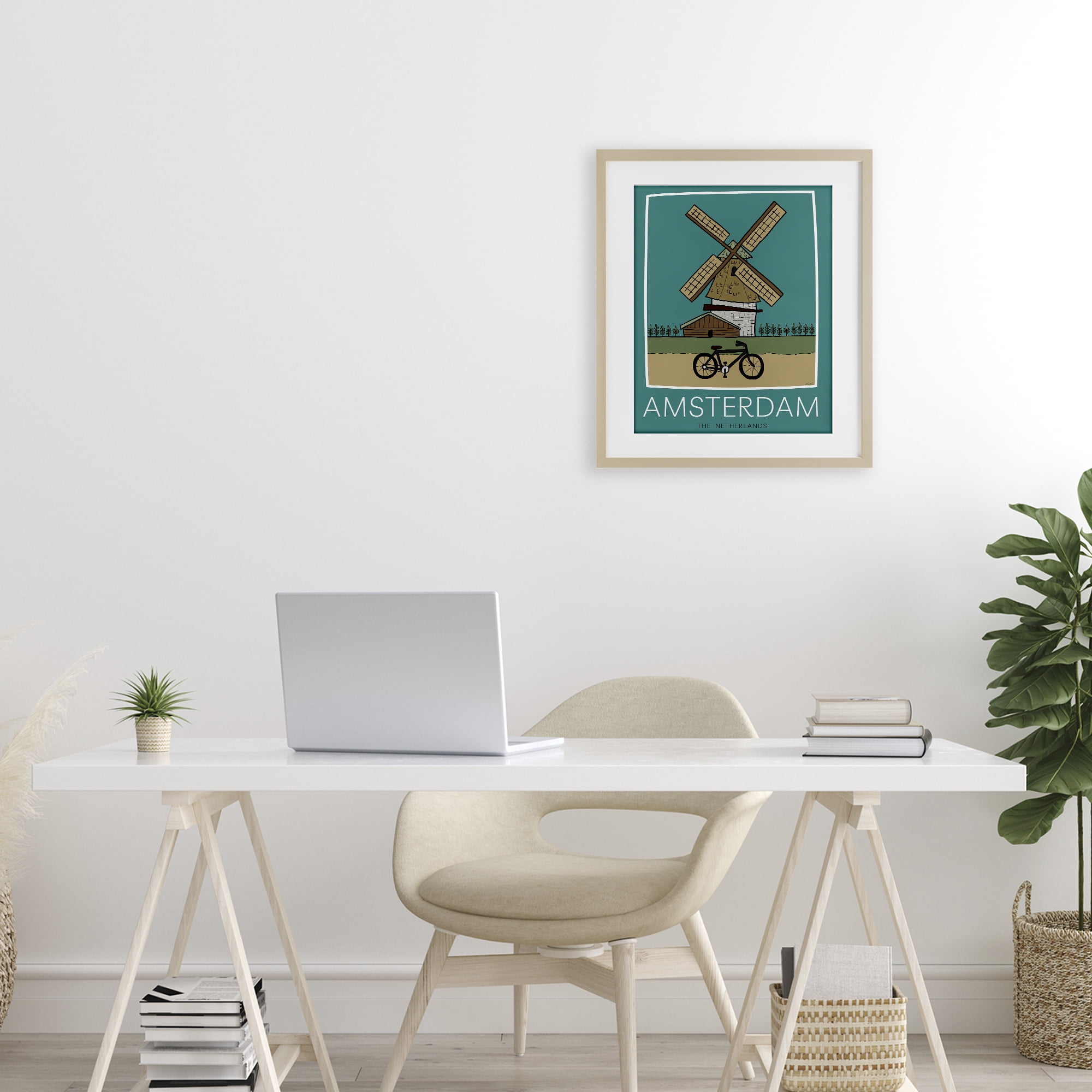 Stupell Industries Amsterdam Windmill Poster Birch Framed Print Under Glass, design by Hugo Edwins