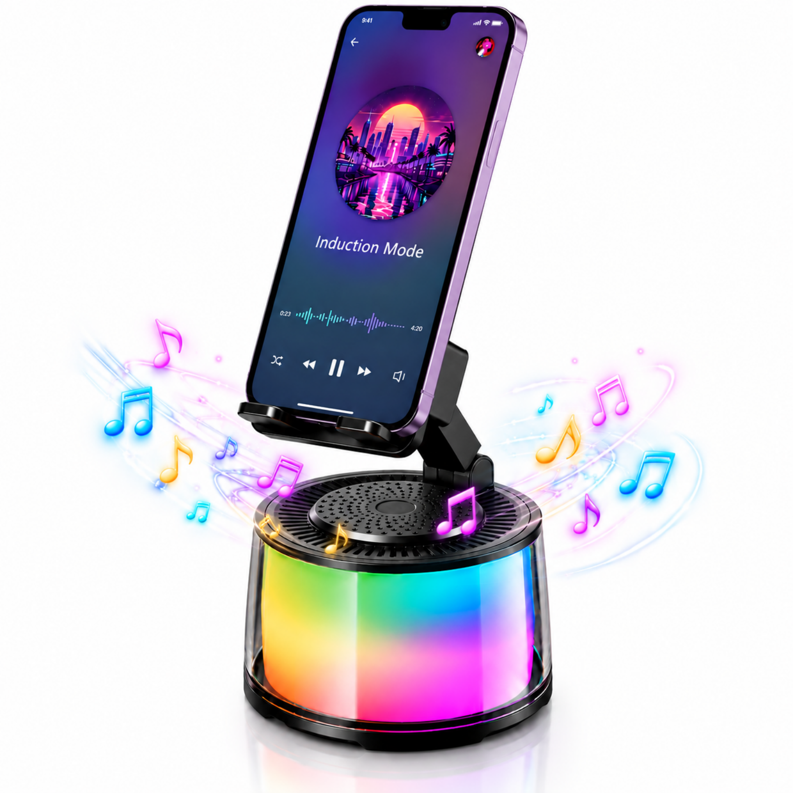 Wireless Induction Speaker, Phone Stand with Bluetooth Speaker Amplifier, Colorful Lights & HD Stere Sound, 360° Adjustable Phone Speaker for Iphone/Android/Ipad, Gifts for Men Women Teens