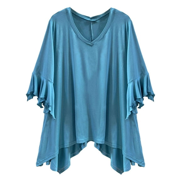 Aqua Blue Plus Size High-Low Top With Bell Sleeves Size XXX-Large