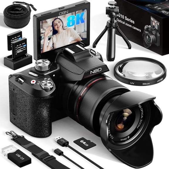NBD 64MP Digital Cameras for Photography,8K Vlogging Cameras for YouTube,16X Optical Zoom, 180°Flip Screen,2 Batteries