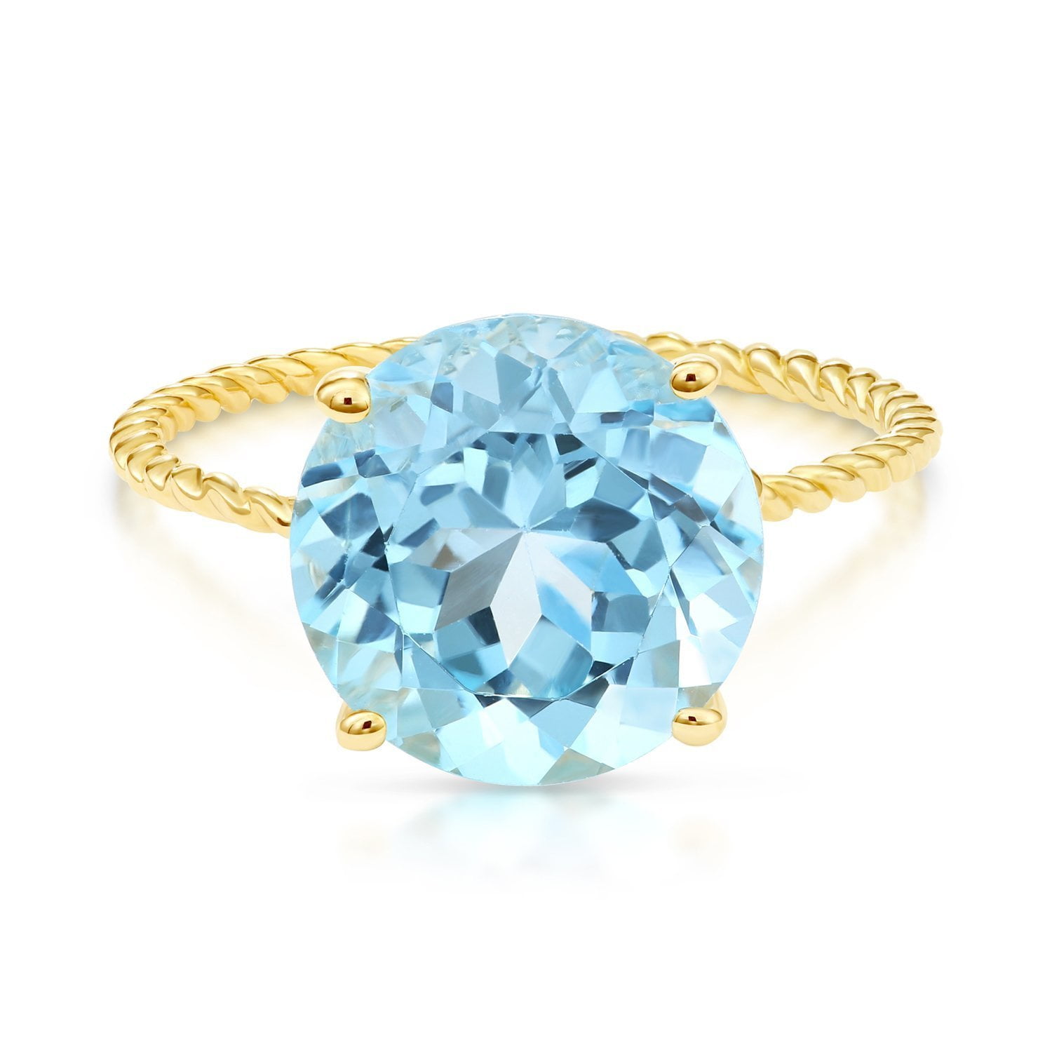 Tilo Jewelry 14K Yellow Gold 5 Carat Sky Blue Topaz Solitaire Engagement Band Ring with Twist Rope Design | Size 5 | Natural Gemstone Statement Ring for Women & Unisex