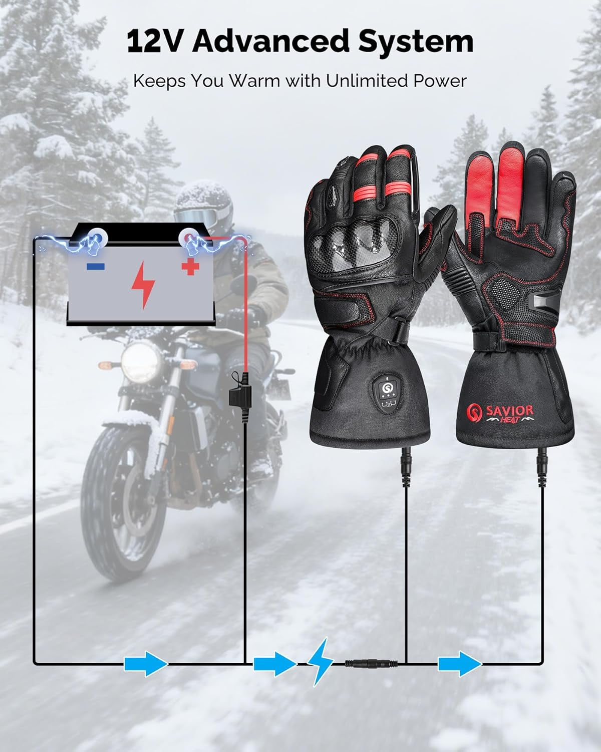 SAVIOR HEAT 2025 Upgraded Bluetooth Heated Motorcycle Gloves for Men - Goatskin Leather, 7.4V 3000mAh Rechargeable Battery, Waterproof/Windproof, 3-Speed Heating with Smart Temp Control