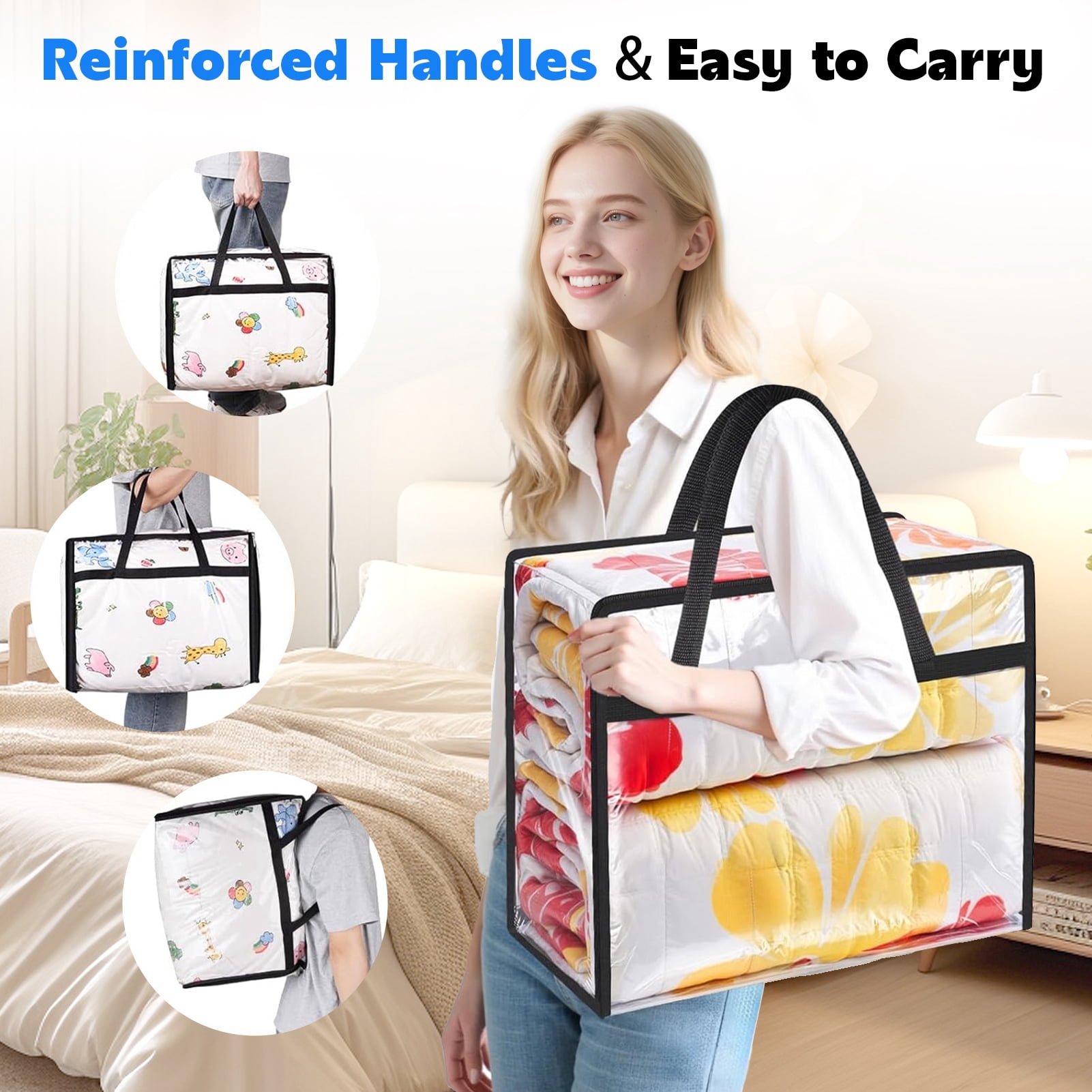 Godance 4 Pack Clear Clothes Storage Bags, 60L Plastic Blanket Storage Bags, Vinyl Foldable Moving Bags with Zipper, Closet Organizers and Storage Containers for Bedding, Comforters, Clothing, Toys