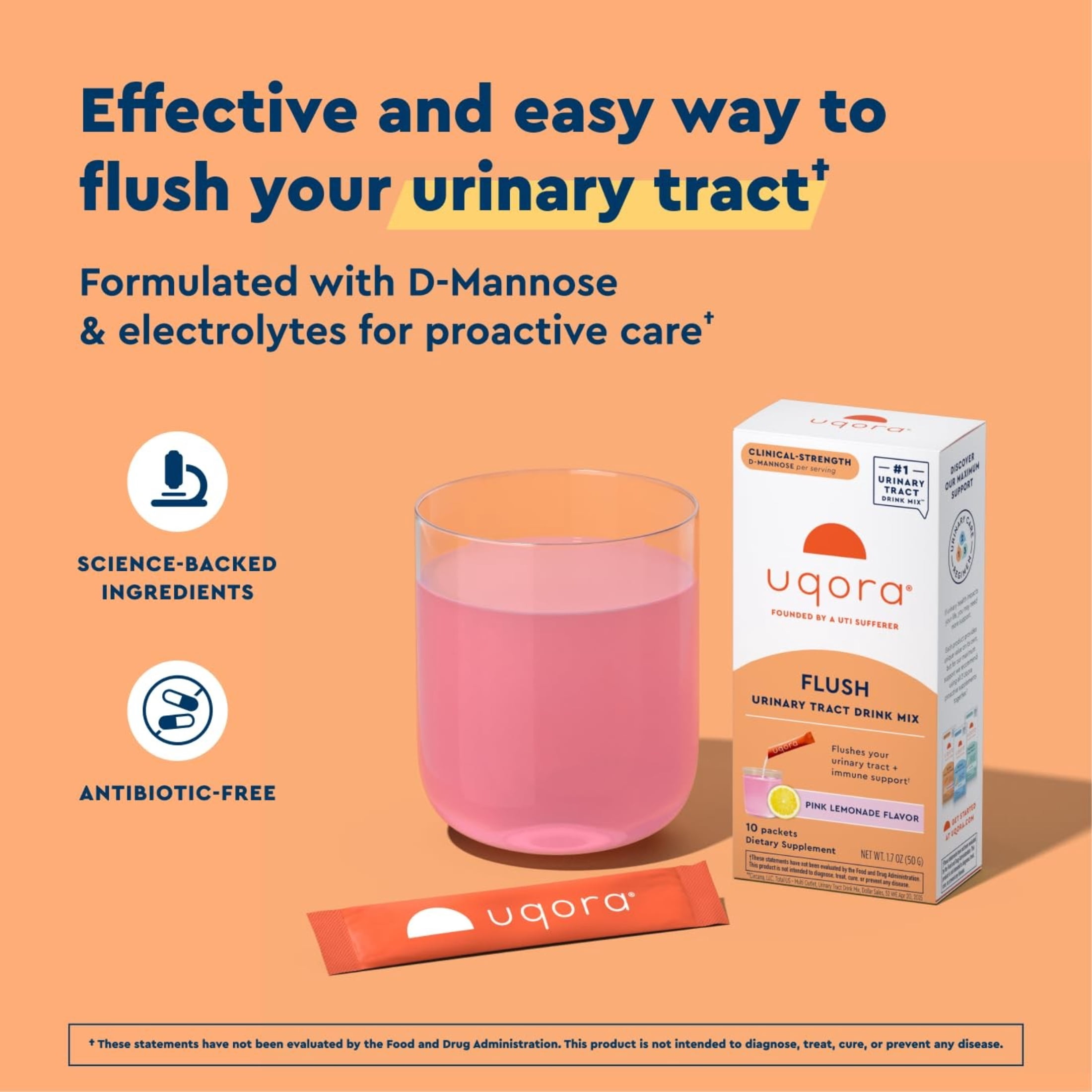 Uqora Flush - Urinary Tract* with D-Mannose, Vitamin C, Vitamin B6, Potassium, Magnesium & Calcium - Gluten-Free & Vegan - Pink Lemonade Flavor - 10 Packets (1 Pack)