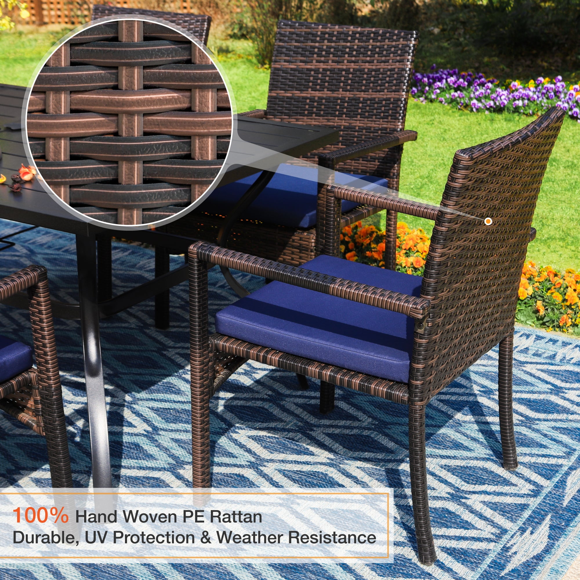 Alpha Joy 8 Pieces Outdoor Patio Dining Set with Cushioned Rattan Chairs, Metal Table & 13 ft Navy Umbrella for 6