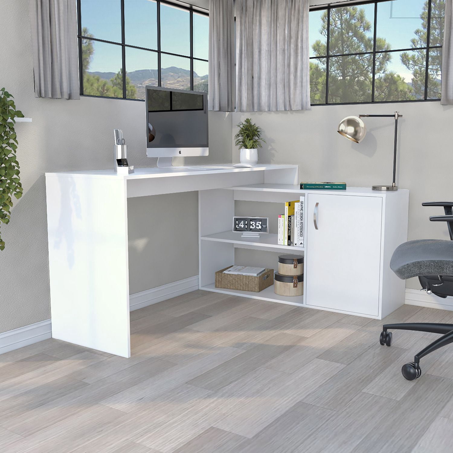 Asteroutdoor L-Shaped Desk, White, Corner Office Desk with Shelves and Cabinet