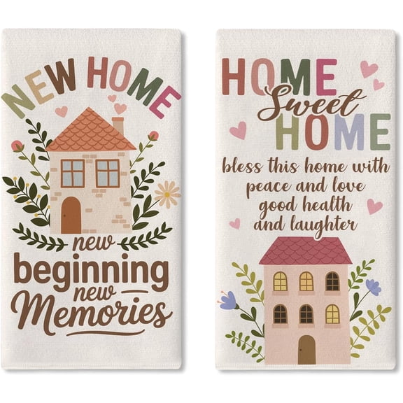 New Home Beginning Memories Kitchen Dish Towels Set of 2, Housewarming Gifts for Family Neighbor Friend Drying Hand Towel, Home Sweet Baking Cooking Cloth Bathroom Decoration 18'' x 26''
