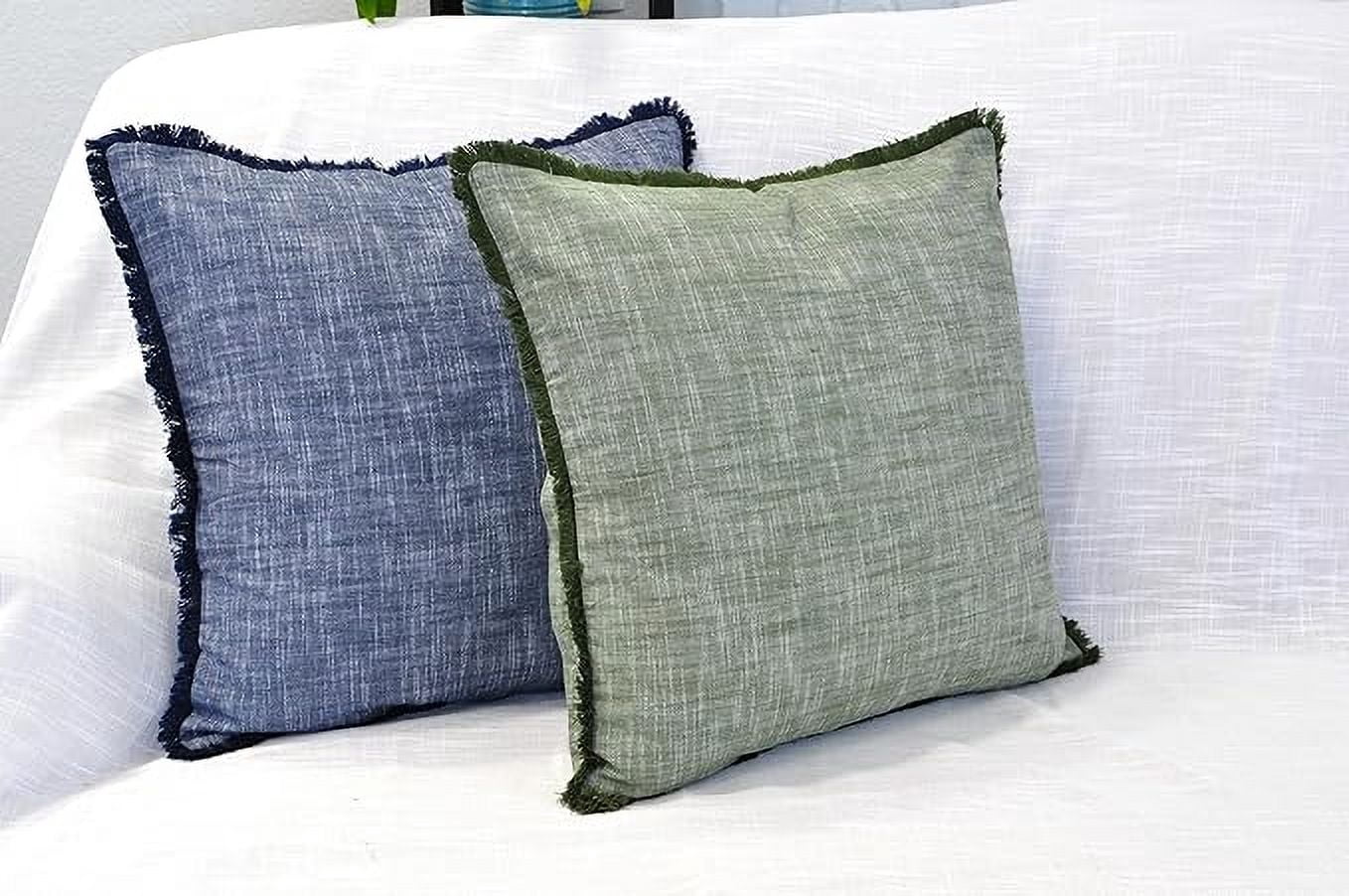 18×18 Blue Organic Cotton Throw Pillow Covers With Decorative Fringe Boho Farmhouse Cushion Cover with Tassels Linen Like Textured Accent Pillowcases for Bed Couch Chair Sofa Living Room, Set of 2