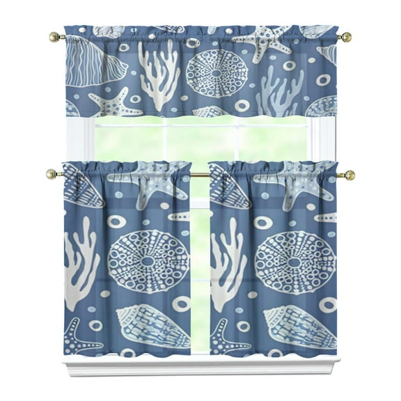 Kitchen Curtains 36 Inch Short - 3 Panel Set, Nautical Starfish Beach Seashell Mermaid Theme, Rod Pocket Window Curtain for Tropical Farmhouse, Easy Wash