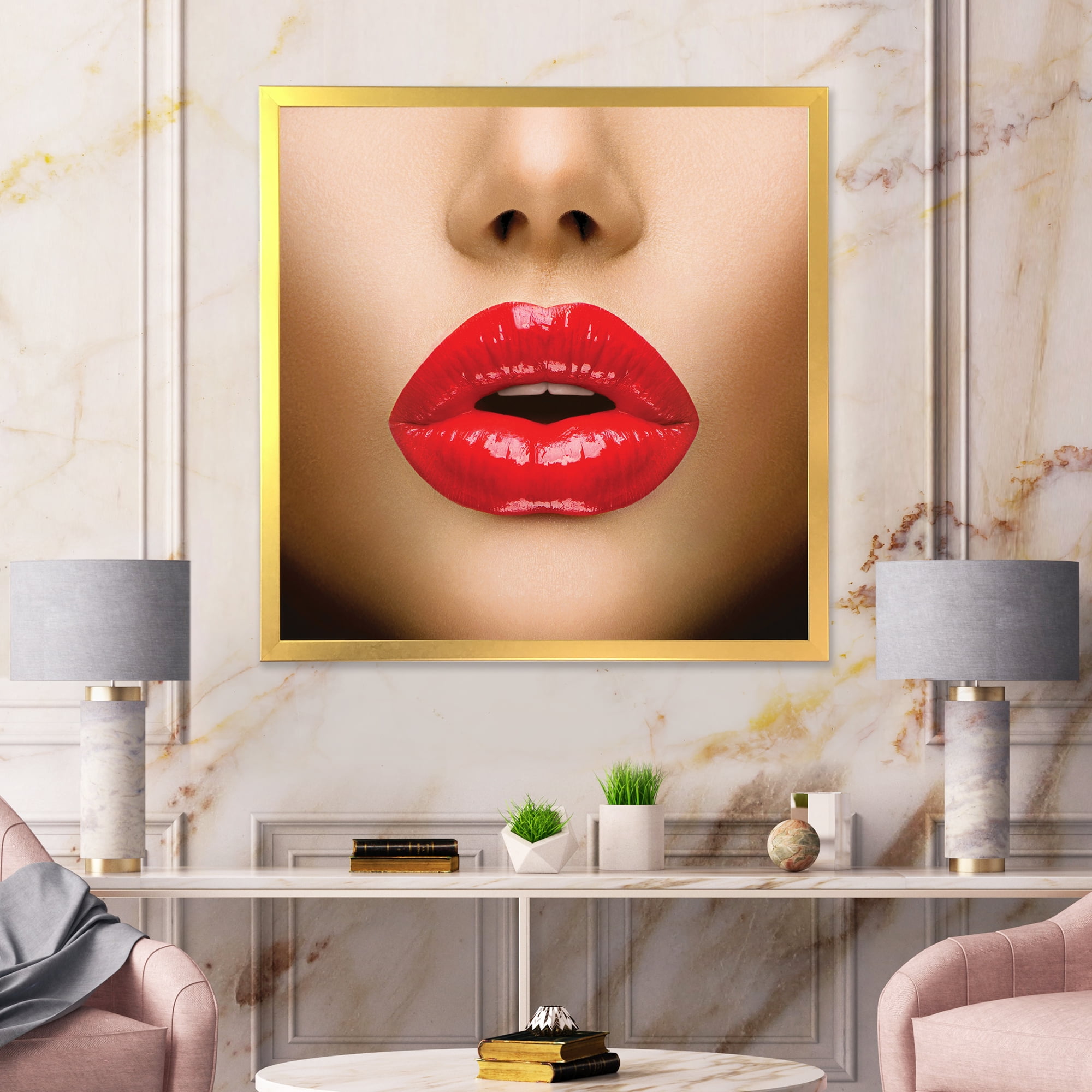 Designart 'Sexy Woman Lips Beautiful Make-Up Close-Up Kiss' Modern Framed Art Print
