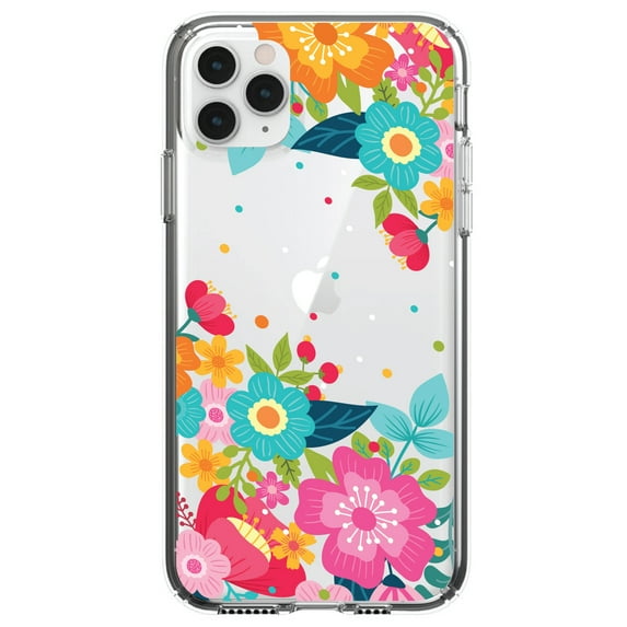 DistinctInk Clear Shockproof Hybrid Case for iPhone 13 PRO (6.1" Screen) - TPU Bumper, Acrylic Back, Tempered Glass Screen Protector - Bright Colored Flowers and Dots