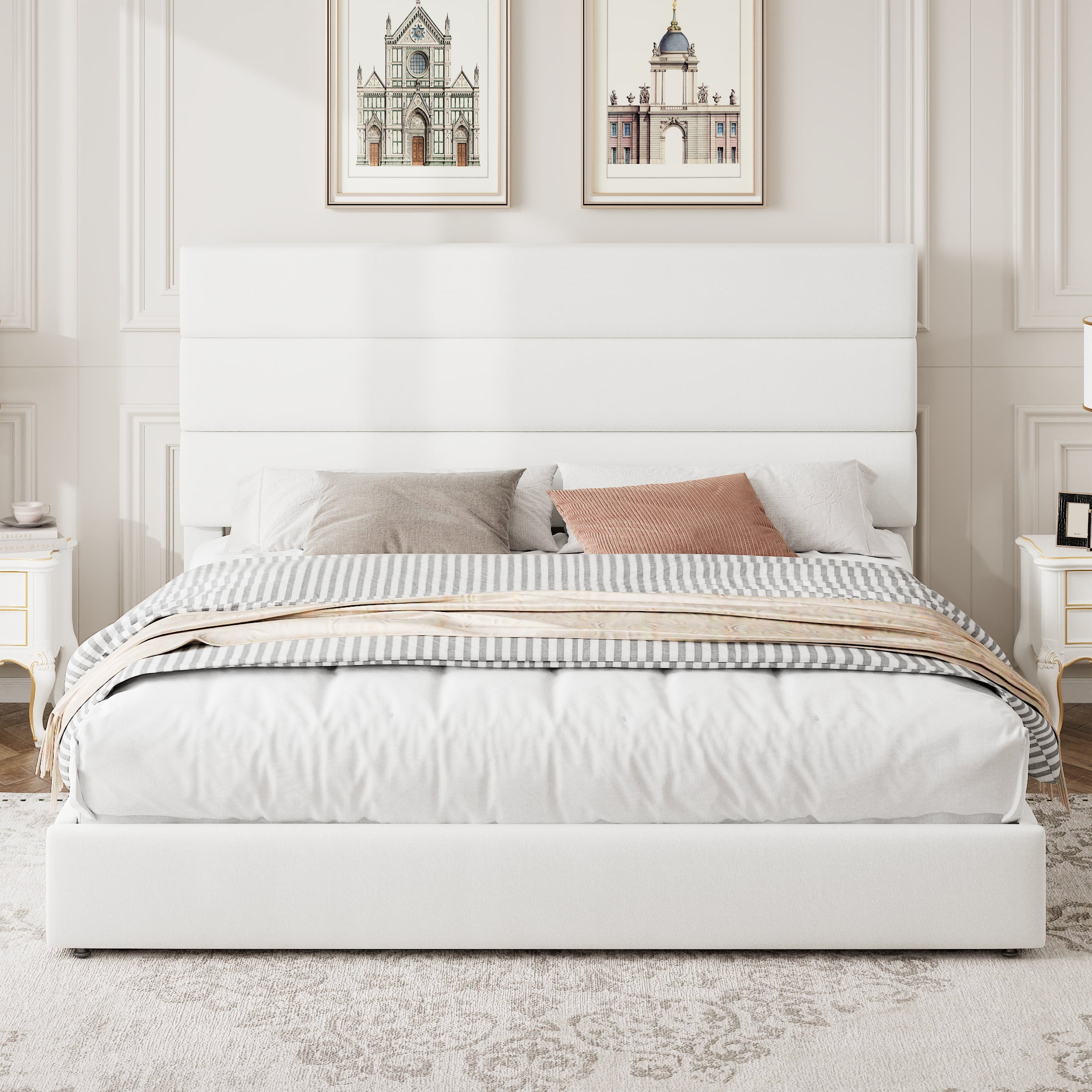 Amolife Queen Size Storage Platform Bed Frame with 4 Drawers & Upholstered Velvet Slat Headboard, White