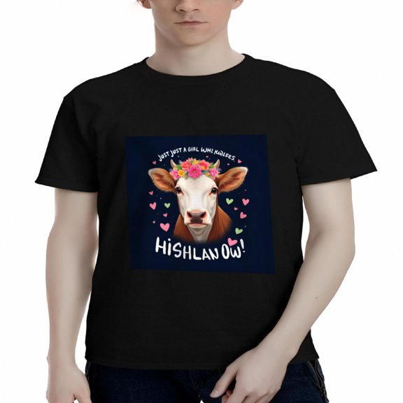 Men's Cotton Short Sleeve T-Shirt with Colorful Cow Design Floral Hearts and Fun Text - Unique Graphic Tee