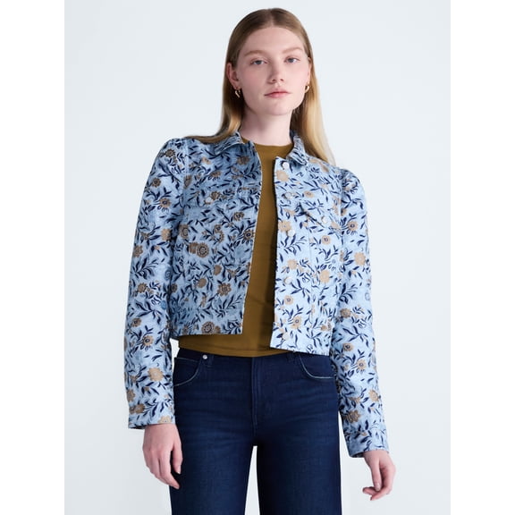 Scoop Women’s and Women's Plus Cropped Trucker Jacket with Puff Sleeves, Sizes XS-4X