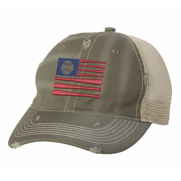 American Flag Baseball Cap - Distressed Flag with Baseball Bats - Vintage Patriotic Strapback Hat (Olive)