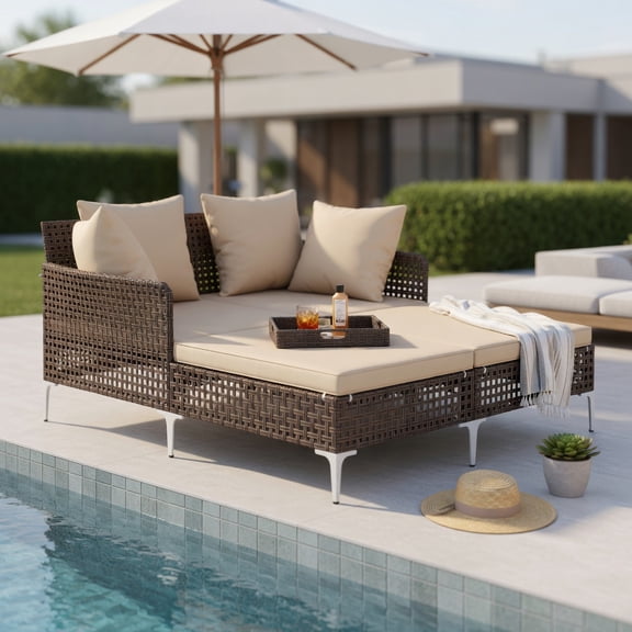 Spaco Single Outdoor Double Daybed, PE Rattan Wicker Wide Chaise Lounge for Two People, Brown