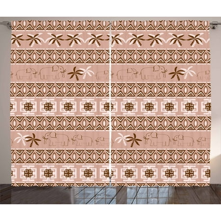Tribal Triple Tree Animal Decor Curtains 2 Panels Set, Tribal Ethnic Safari Pattern with Elephants and Palm Trees Illustration, Window Drapes for Living Room Bedroom, 108W X 84L Inches, Tan and Brown, by Ambesonne ()