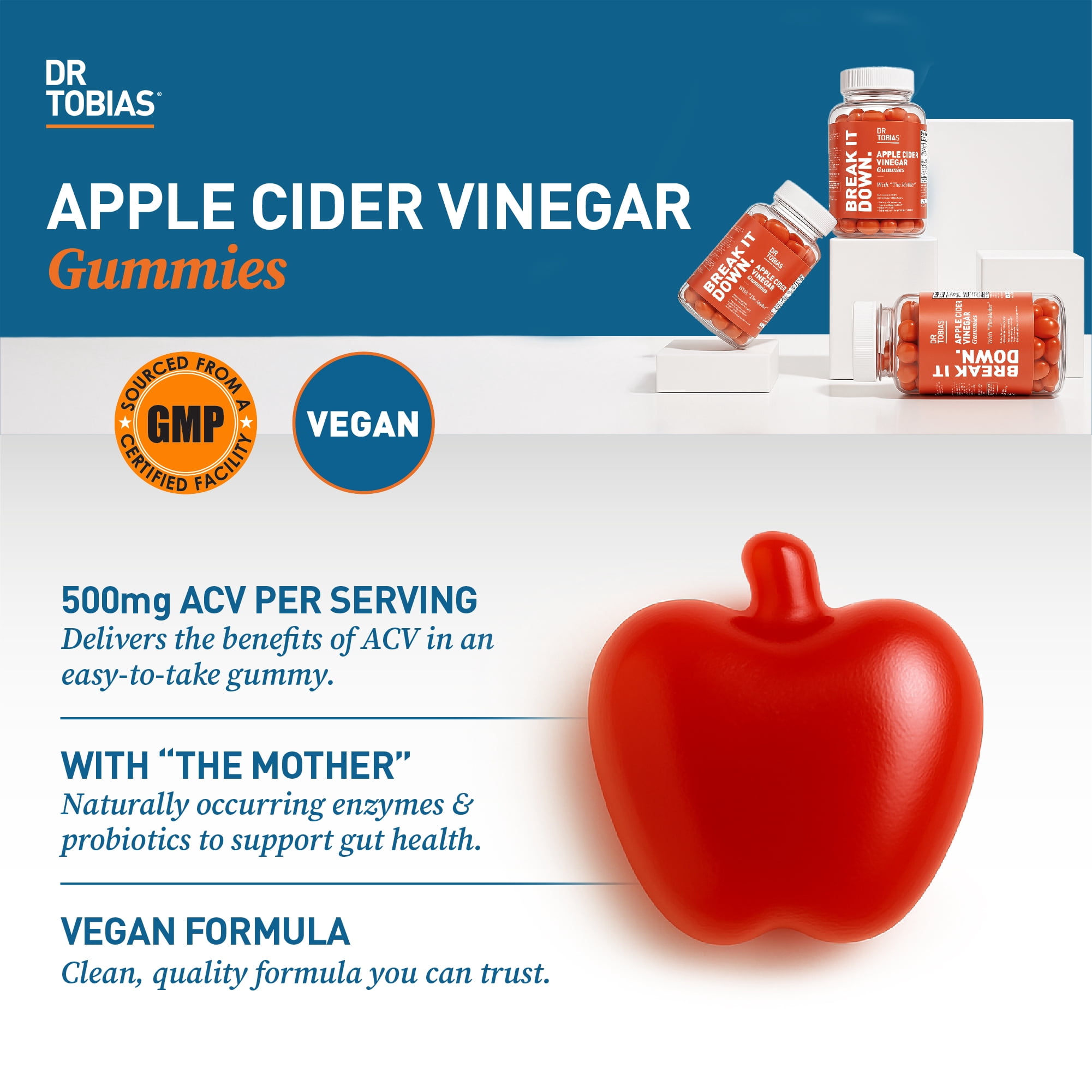 Dr. Tobias Apple Cider Vinegar Gummies, Includes 500 mg Apple Cider Vinegar With Mother, Folate, B12 & Iodine, Supports Gut Health, Cleanse & Detox, Vegan & Gluten-Free, 120 Gummies