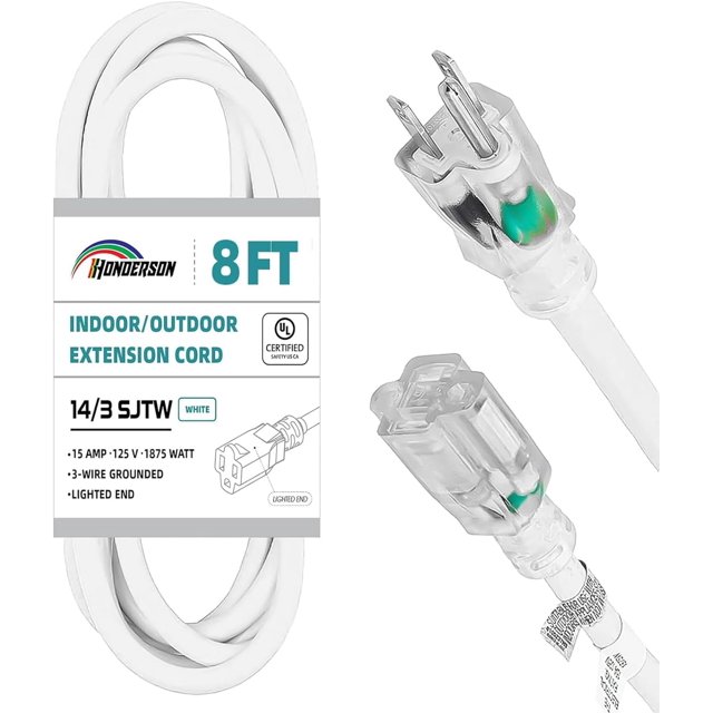 Shiyou-Rallonge Intérieure Extérieure Étanche avec Extrémité Lumineuse, Certifiée UL, 14 Gauge 8 Pieds Blanc 3 Broches Rallonge Robuste, 14/3 SJTW 15A pour Lumières Extérieures, Pelouse