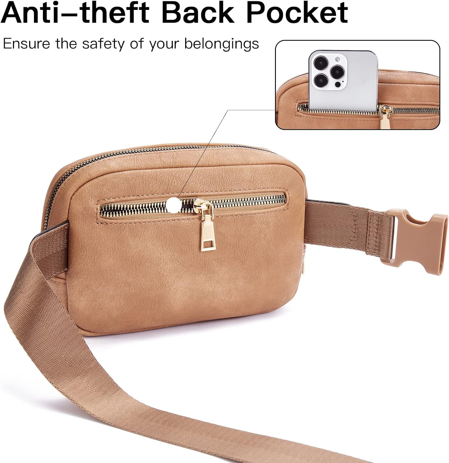 Leather Belt Bag for Women Fashionable Fanny Packs Cross Body Bag Waist Pack Camel Brown