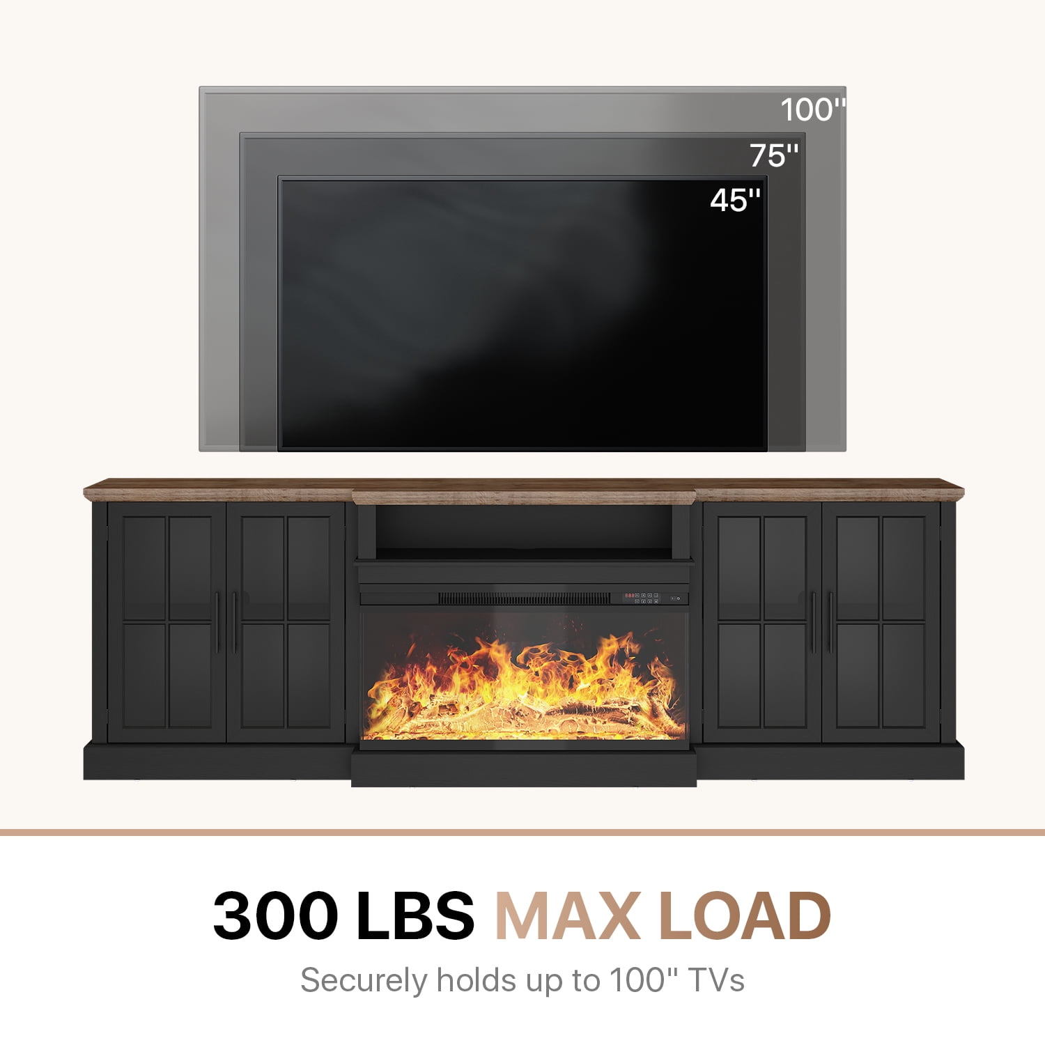 Sonegra 98" Farmhouse TV Stand with Fireplace for TVs up to 100", Media Entertainment Center with Adjustable Shelves and Large Storage Cabinets, for Living Room, Black