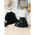 thumbnail image 4 of Aojekbee Kids Girl Fall Outfits Flower Embroidery Mesh Long Sleeve Tops and PU Leather Mini Skirts 2Pcs Clothes Set, 4 of 10