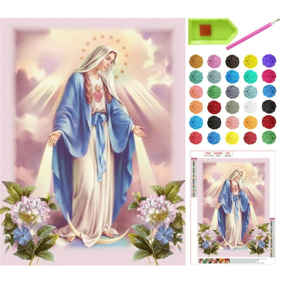 DIY 5D Virgin Mary Diamond Painting Kits Full Drill Resin Mother Blossoms Pictures for Home Wall Decor Gift, Canvas Size 12'' x 16''