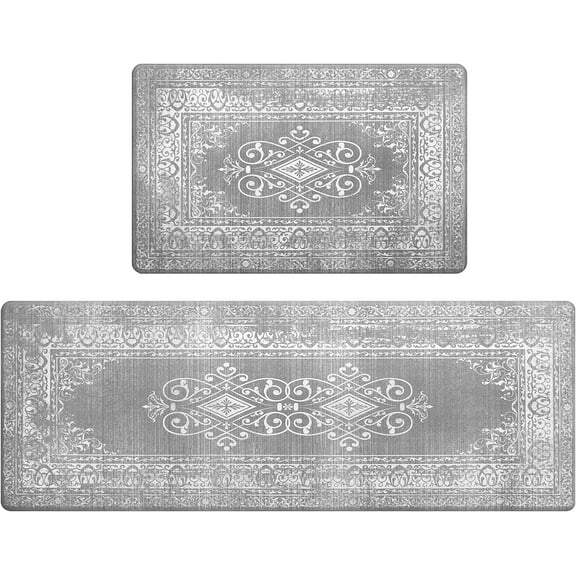 Kitchen Anti Fatigue Mat Set of 2 Non Skid Waterproof Kitchen Floor Mat Vintage Cushioned Comfort Standing Desk Office Mat Runner for Kitchen Sink Laundry, 17"x47" 17"x28", Vintage Grey