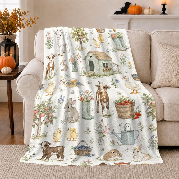 Whimsical Farmyard Animals Rustic Cottage Scene Cottage, Cozy Bird Art Scene, Warm Flannel Blanket for Living Room and Reading Nook, Bird Lovers Friendship Gift, Artistic Home Decor
