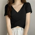 thumbnail image 2 of Blouses For Women, Women's Summer Crop Tops Casual Slim Solid Color V Neck Blouses Basic Short Sleeve Y2K 2026 Going Out Trendy Outfit, 2 of 3